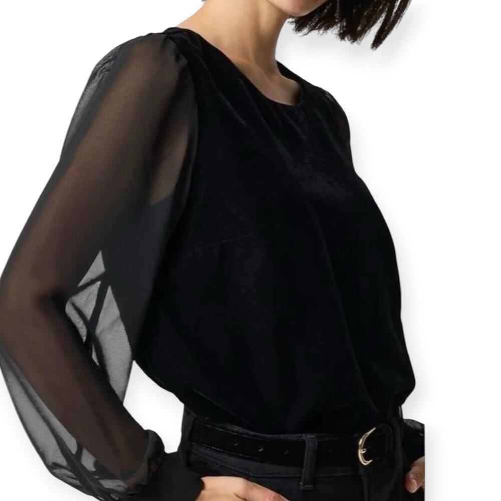 NWT J. Crew Black Velvet Puff Sleeve Velvet Top Women’s Size XS Sheer Sleeves